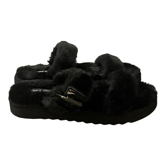Nine West Black Faux Fur Sandals Fuzzy Plush Double Strap Buckle Slides Size 8 - Picture 5 of 9